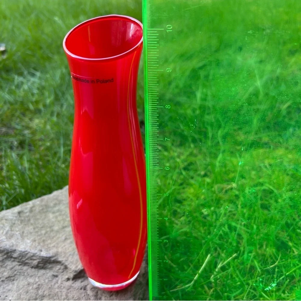 Slender Red Glass Vase Made in Poland 10" inch Tall Translucent Glass Drop Rim - Picture 6 of 8